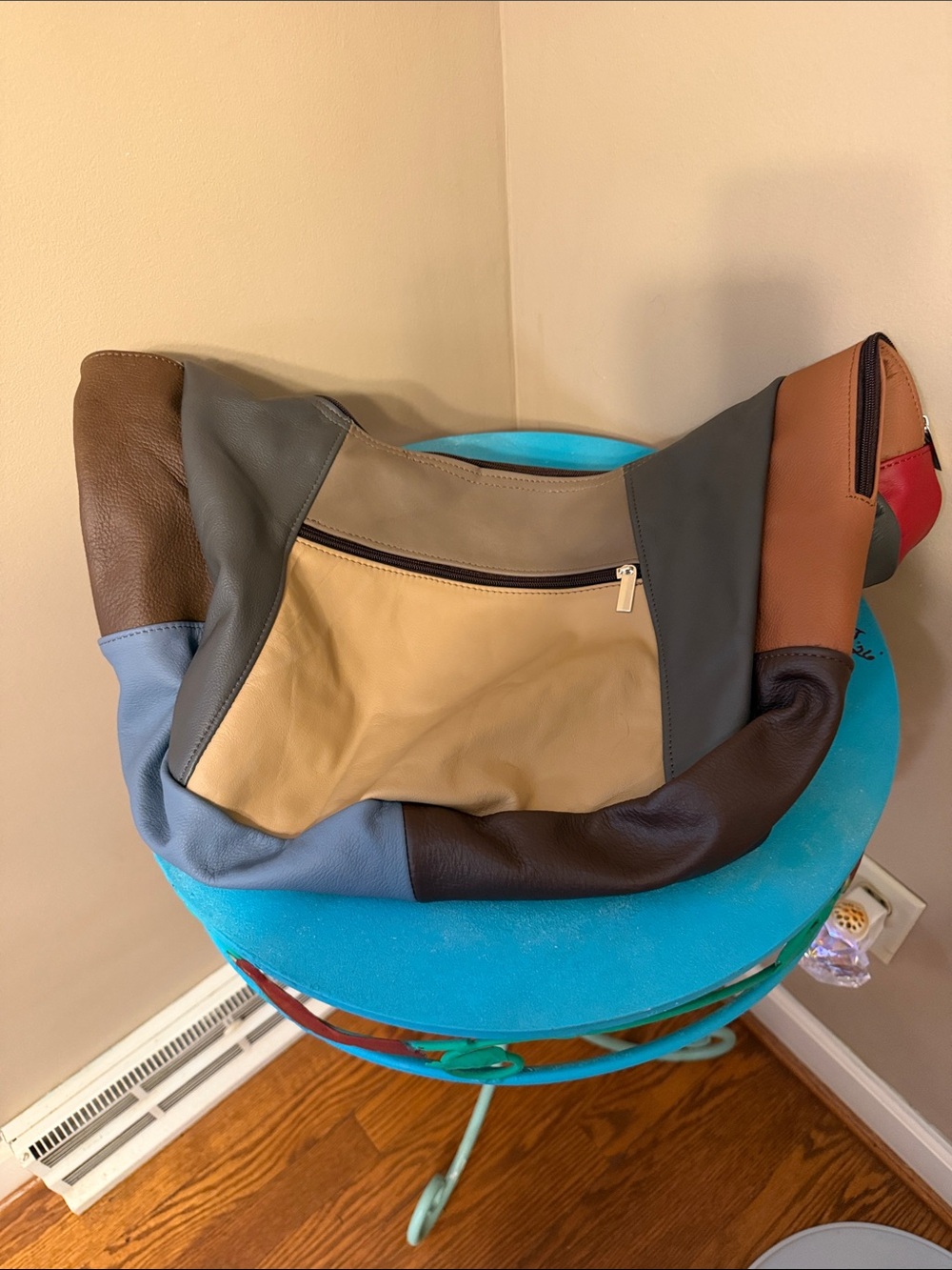 Multicolor Patchwork Leather Shoulder Bag - Beige, Brown & Blue
